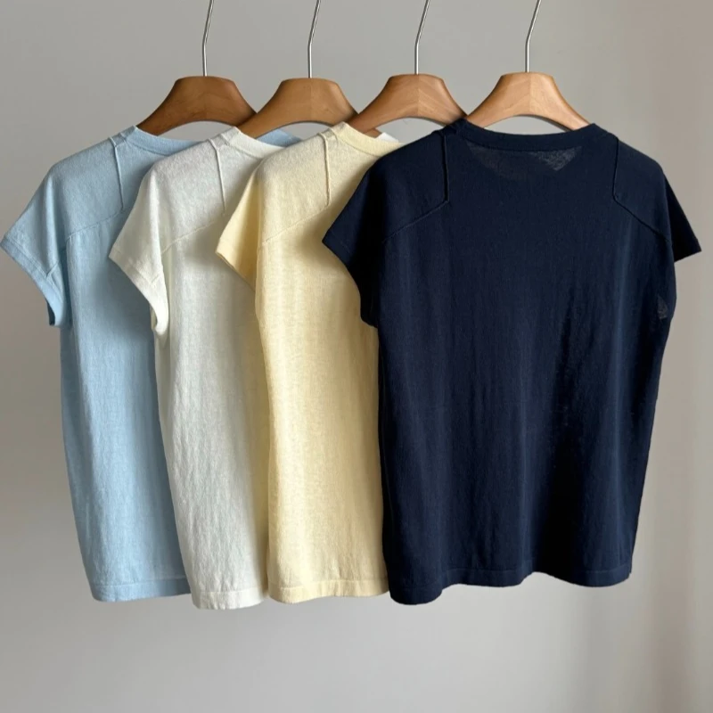 Deconstructed Shoulder Line Knit Top Cotton and Linen T-shirts