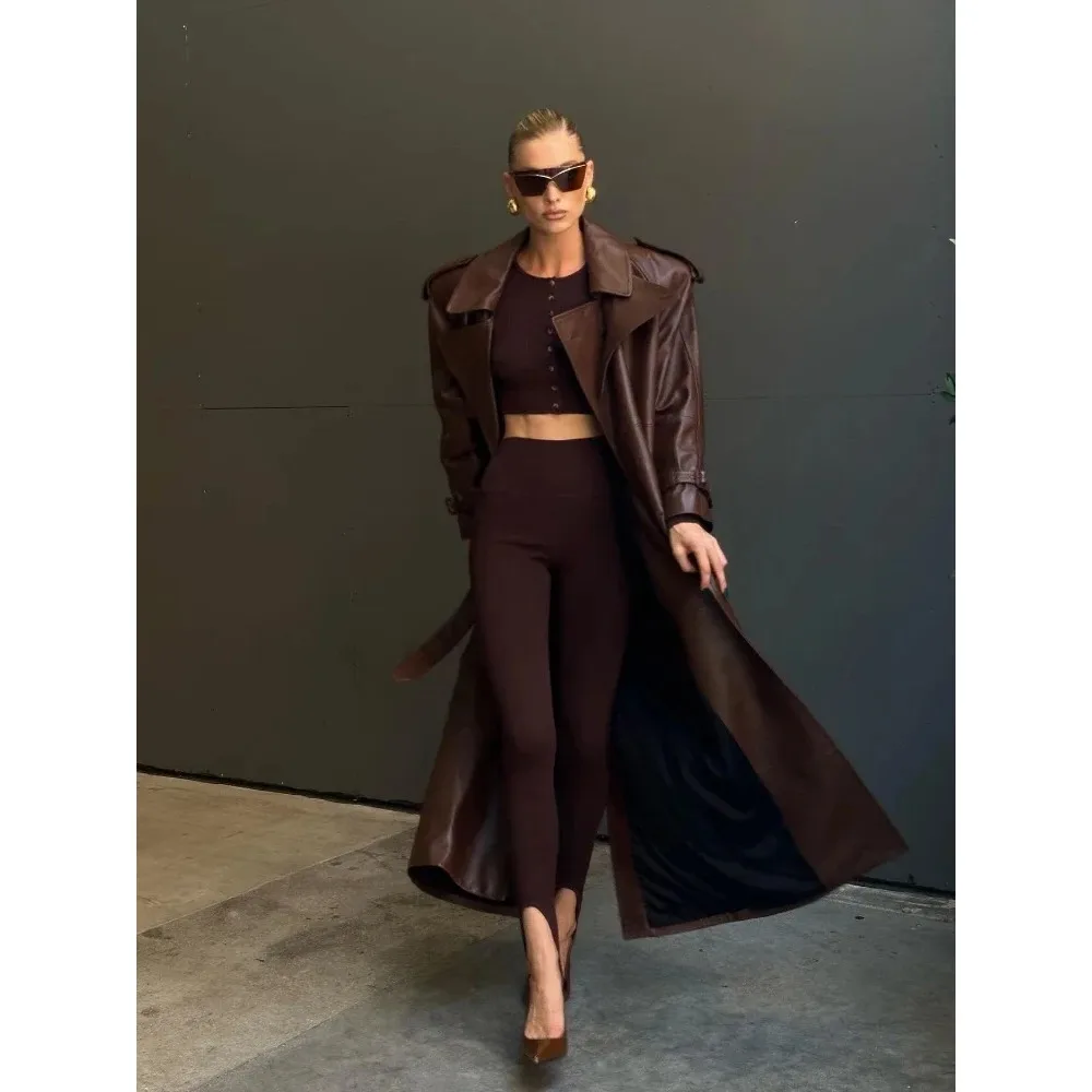 2024 Women New Fashion with Belt Long Style Single Breasted Faux Leather Coat Vintage Long Sleeve Pockets Female Outerwear