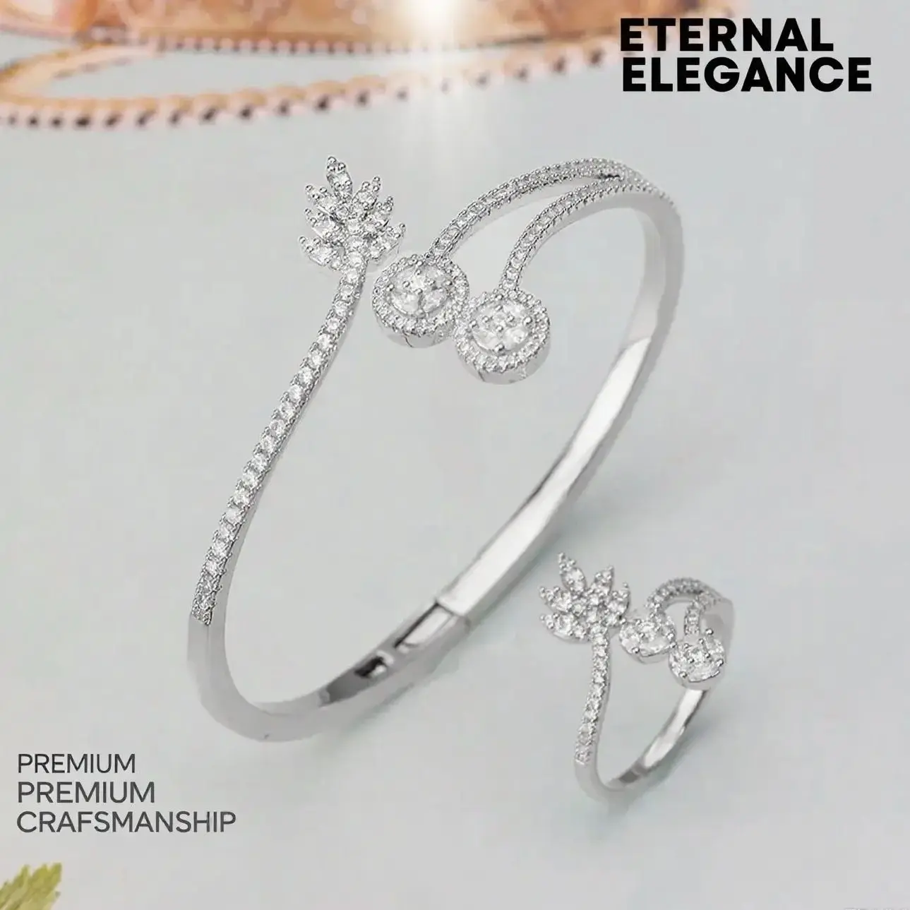 

BrideTalk Women's Gold Color Copper Bangle Micro Paved Baguette Zircon Adjustable Bangle Ring Sets Wedding Engagement Party