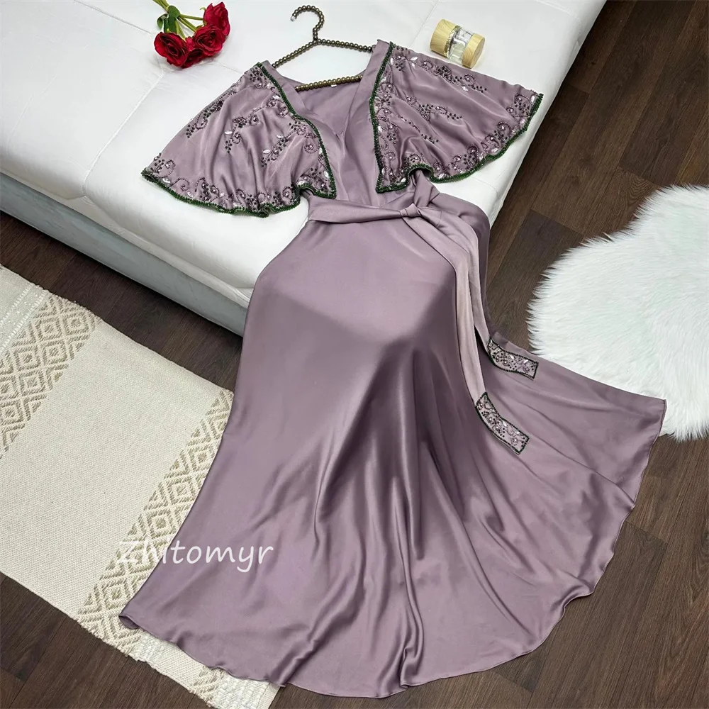 Jiayigong  Mesprit Simple High Quality V-neck A-line Beading Paillette / Sequins Anke Length Charmeuse  Dresses