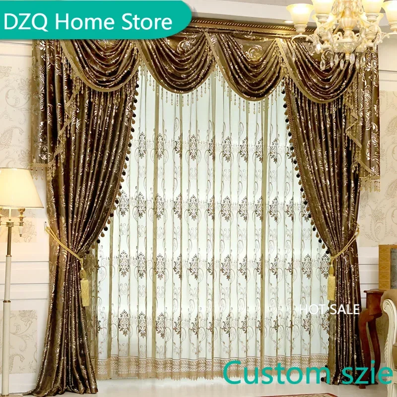 

Customized European Curtains for Living Room High-grade Floor-to-ceiling Thickened Blackout Coffee Color Gold Embossed Velvet