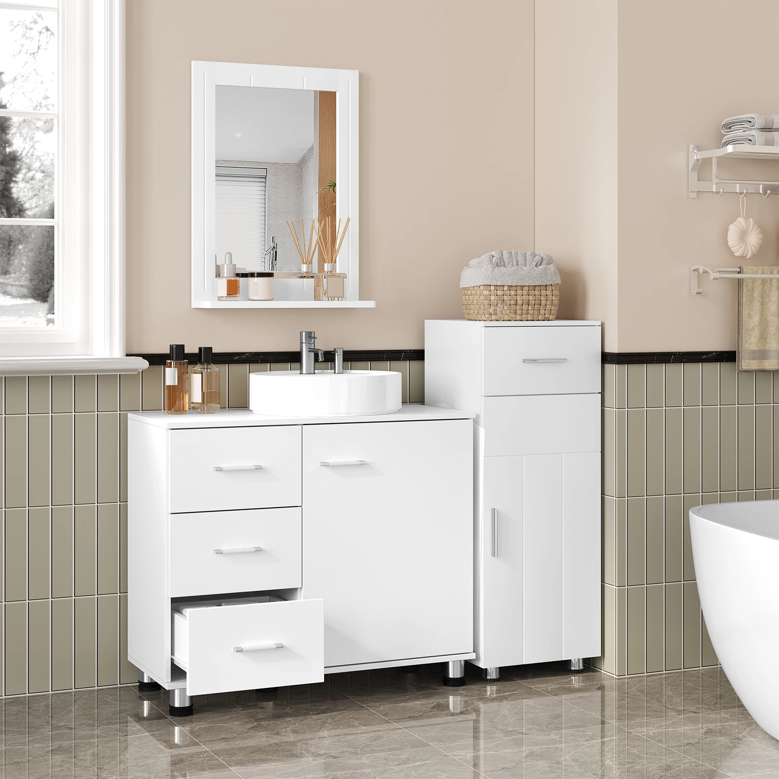 EUGAD Freistehender Waschbeckenunterschrank, Badezimmerschrank 70x60x30 CM mit verstellbarem Regal, Badezimmer-Aufbewahrungsorganisator, Toilettenmöbel