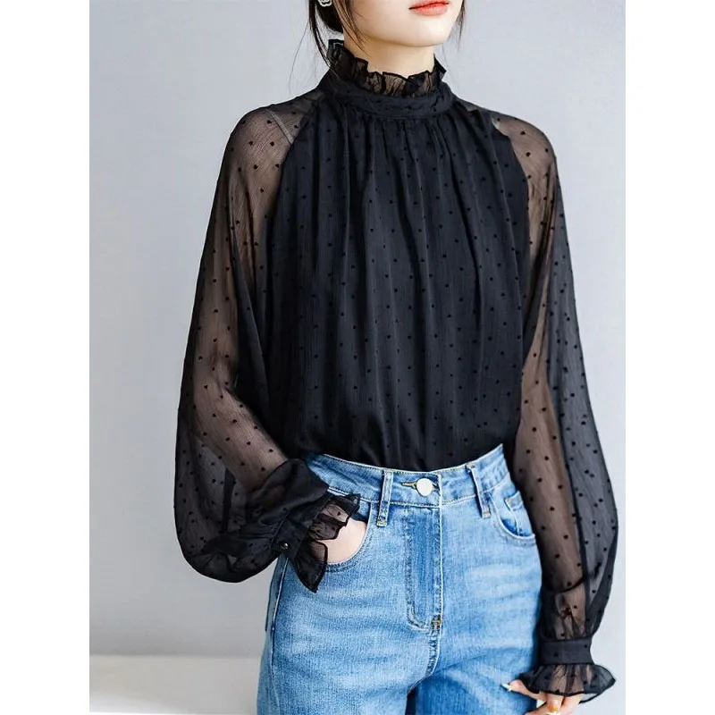 2023 New Spring Fashion Solid Standing Collar Polka Dot Ear Collar Lantern Sleeve Temperament Commuter Women\'s Unique Shirt