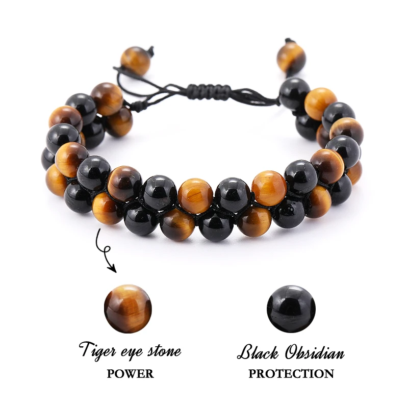 Men's Tiger's Eye Fashion Bracelet Natural Stone Hematite Double Row Bracelet Adjustable Women's Yoga DIY Jewelry Bracelet