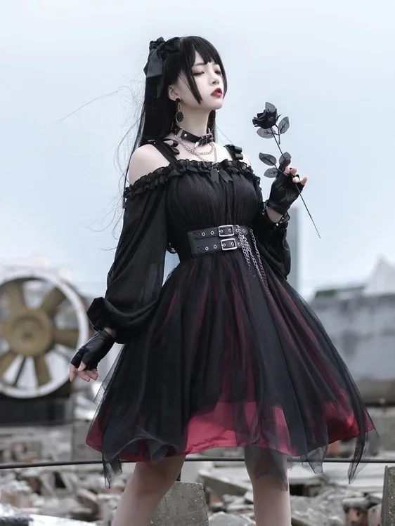 Japanese Gothic Cosplay Dress Irregular Dark Gothic Lolita Dress Lolita Long Sleeve Cosplay Costume