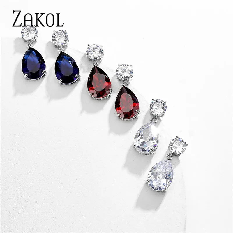 ZAKOL 3 Pcs Luxury Water Drop Zircon Necklace Earrings Bracelet Set for Women Bridal Wedding Party Dress Jewelry Set SP461