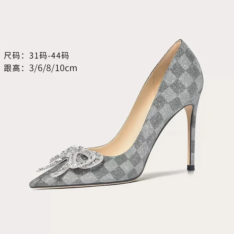 Spring and summer new pointy gray sequins rhinestone professional single shoes thin high-heeled banquet dress large women's shoe