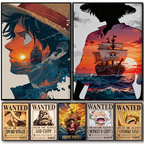 Vintage One Piece Anime Canvas Wall Art Luffy Zoro Wanted Poster Retro Print Living Room Boys Bedroom Aesthetic Home Decor Gifts