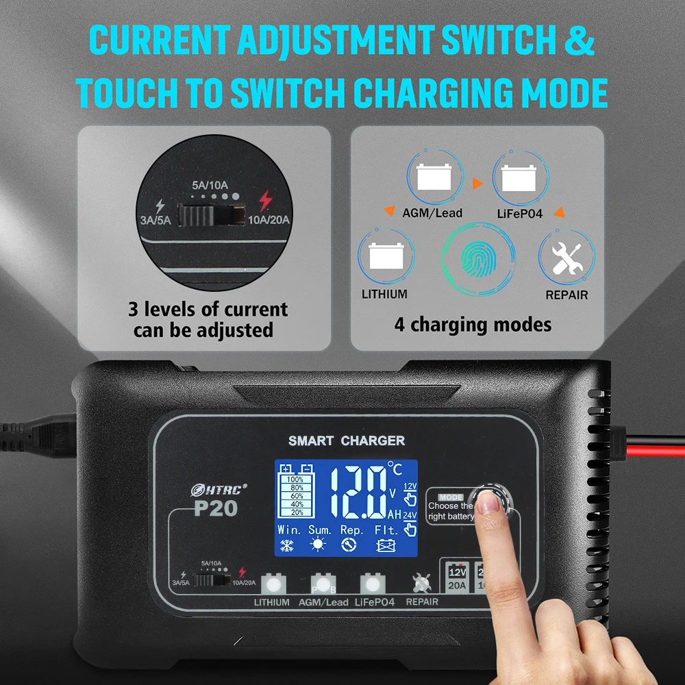 280W 20A Smart Battery Charger for Lifepo4 AGM Lead-Acid Lithium Batteri High Power Automatic Automatic Pulse Repair LCD Display