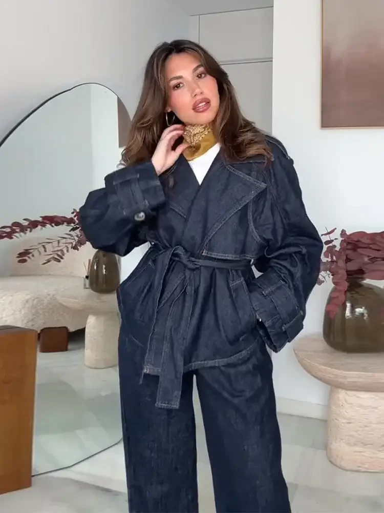 

Женский джинсовый брючный костюм, повседневные куртки с длинным рукавом и поясом с лацканами, прямые джинсы со свободной талией, женский комплект 2025 года, новые весенние женские наряды