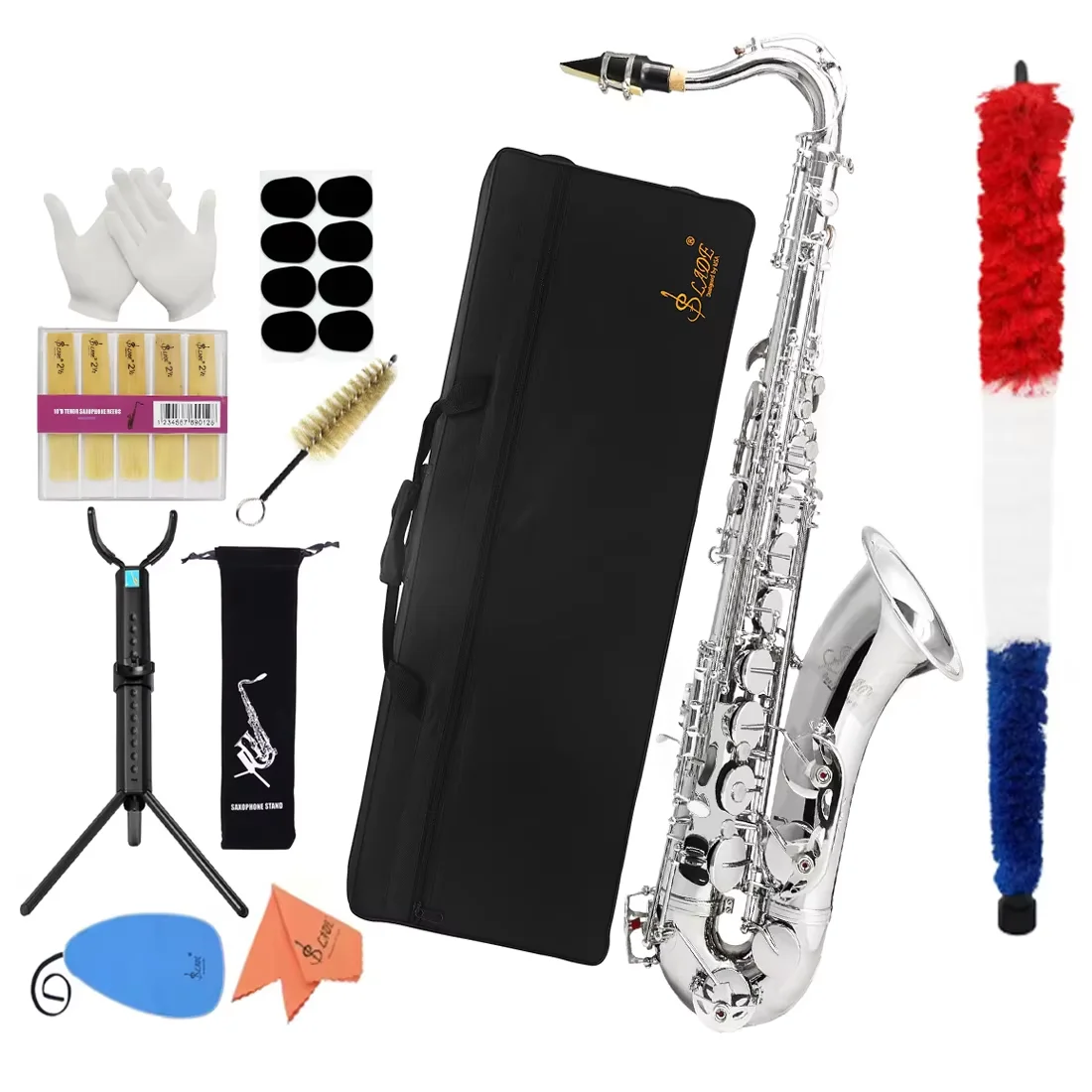 

SLADE Серебряный тенор-саксофон B, плоский тенор-саксофон, набор деревянных духовых инструментов с футляром для переноски, детали щеток для чистки мундштука