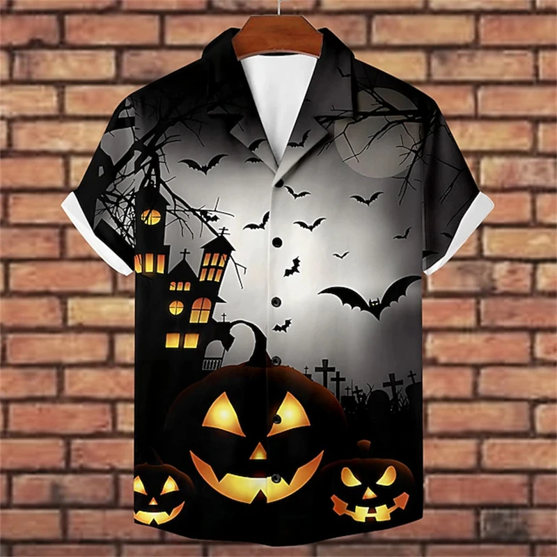 

Halloween Short-sleeved Shirt 3D Evil Pumpkin Lantern Casual Lapel Short-sleeved Shirt Street Festival Party Men's Shirt
