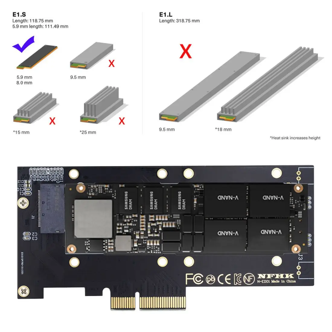 Cablecc PCI-E4.0 4X Host Adapter to NVMe GEN-Z EDSFF Ruler 1U 5.9mm 8.0mm Thickness Short E1.S SSD Carrier Adapter