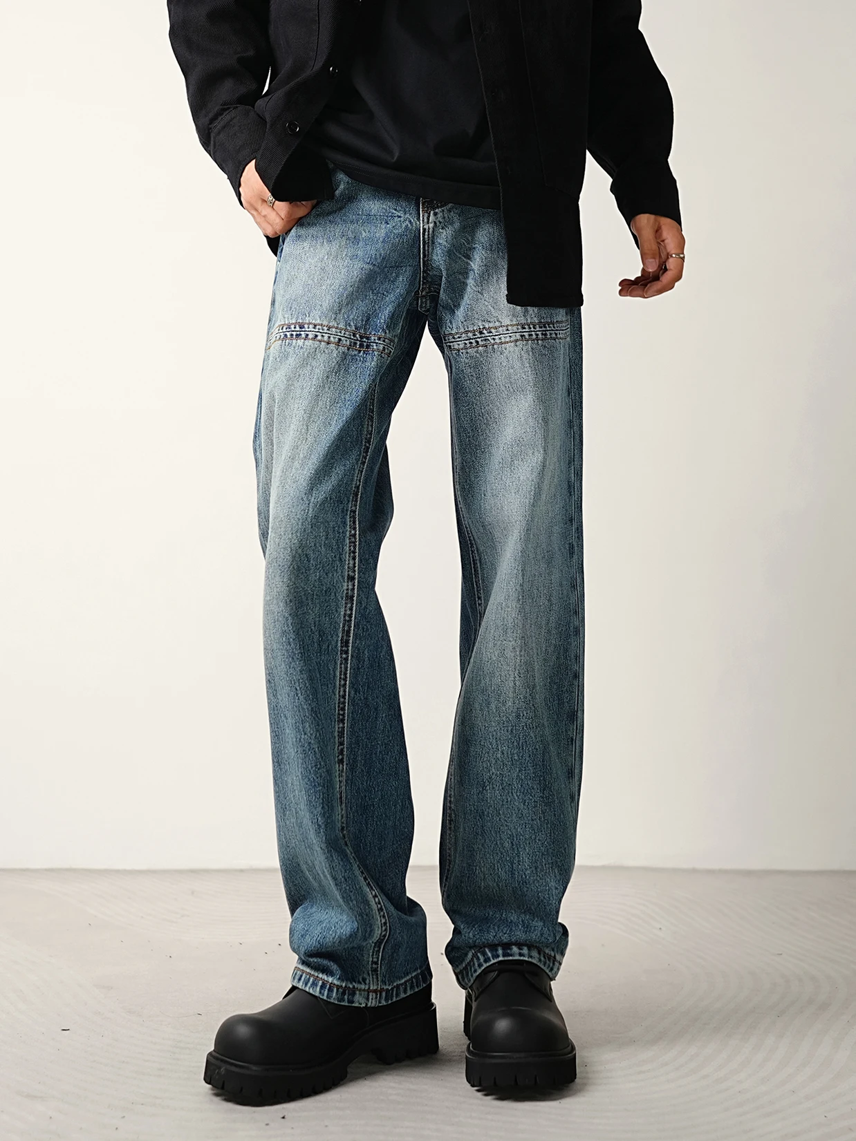 

American Retro Patchwork Line Loose Wide Leg Straight Jeans Men Spring Autumn Versatile Haome Casual Long Pants