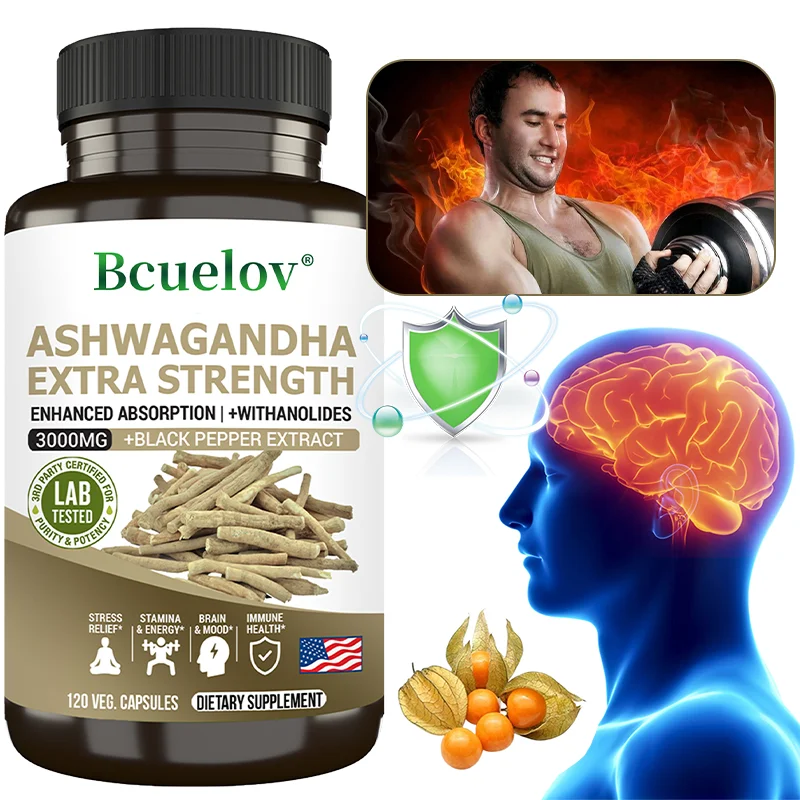 مستخلص أشواغاندا الطبيعي 3000 ملجم مكمل - الإجهاد والقلق والذاكرة والنوم والمزاج والطاقة ودعم الدماغ 120 كبسولة #1