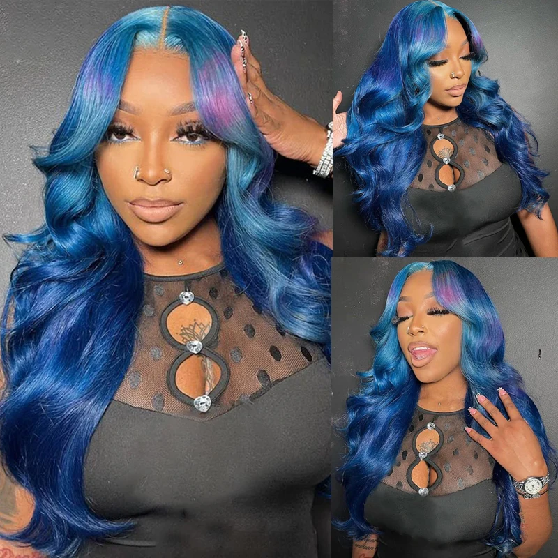 Blue Purple Ombre Ready To Go Body Wave Lace Frontal Wigs For Women 13X6 13X4 Ready To Go Synthetic Wigs Pre Cut 6X4 Lace Wigs