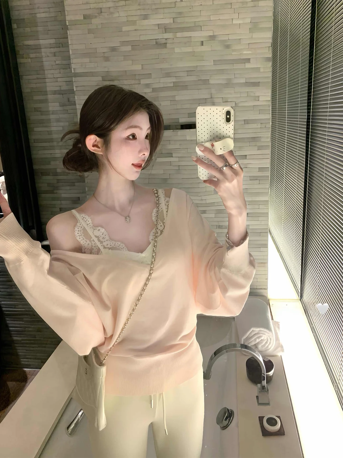 

Loose Long Sleeve V-Neck 100% Cotton Sweater Women's Style Korean Comfortable Casual Loose Fit Pure Desire Top for Dining Sister
