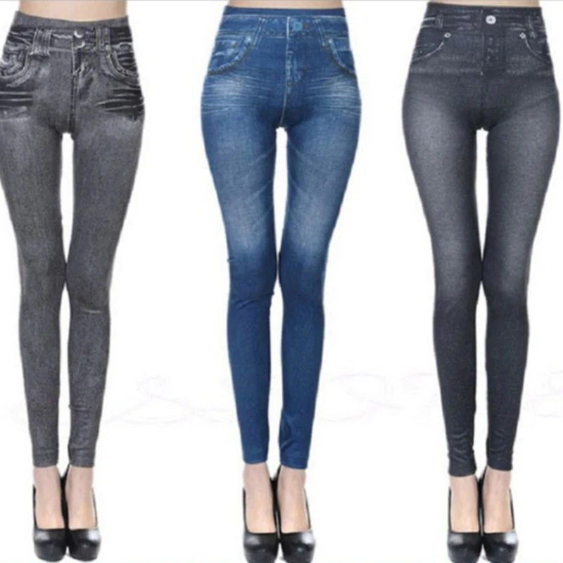 Leggings faux denim para mulheres, jeans de cintura alta, calça lápis skinny, moda fitness feminina, treino em corrida