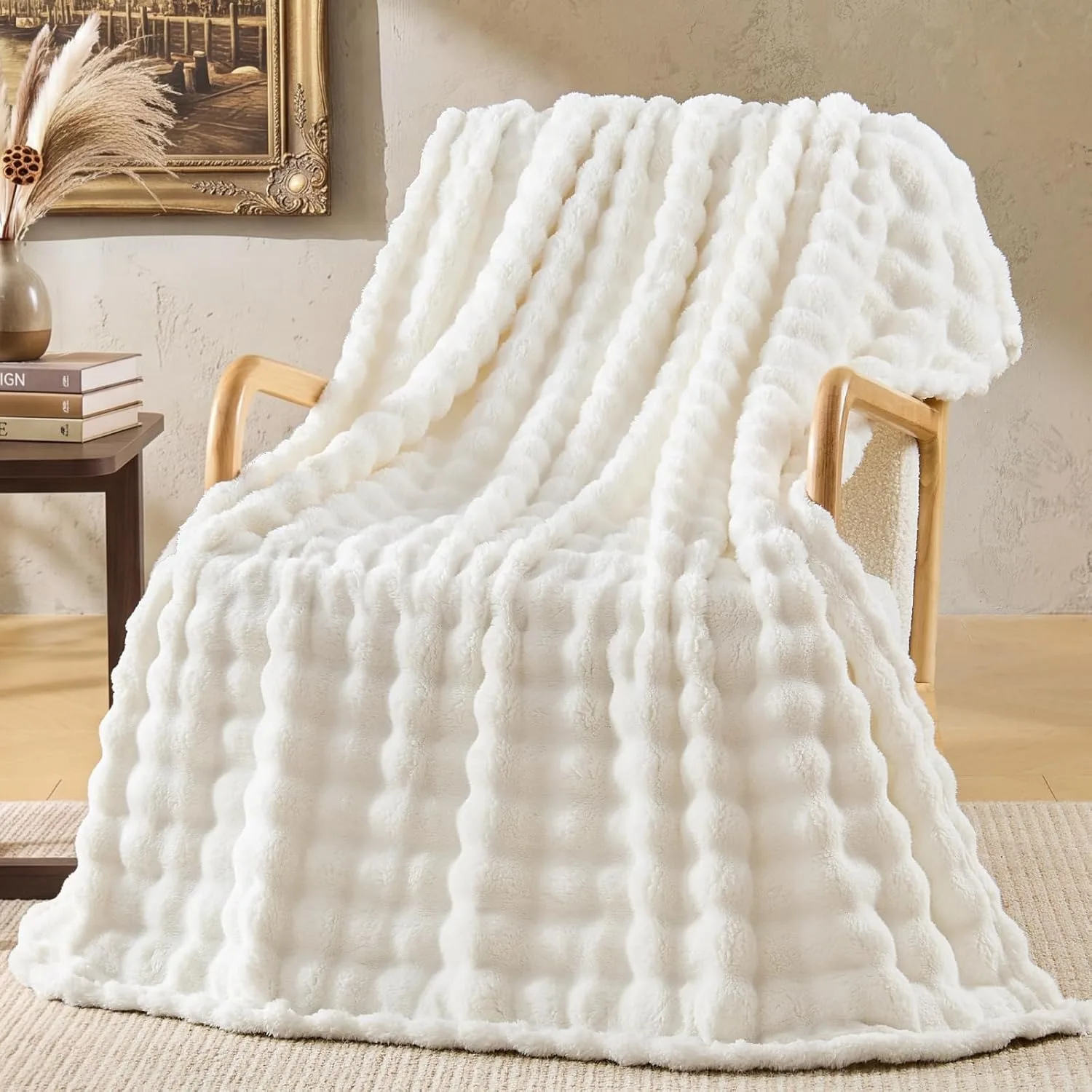 Premium Cozy Ruched Faux Fur Throw Blanket Double-Sided Soft Fuzzy Plush Textured Couch Decor Home Room Blanket