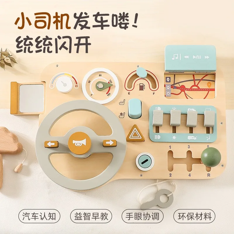 

Montessori Wooden Steering Wheel Busy Board Interactive Pretend Play Driving Toy for Toddlers to Learn Car Controls