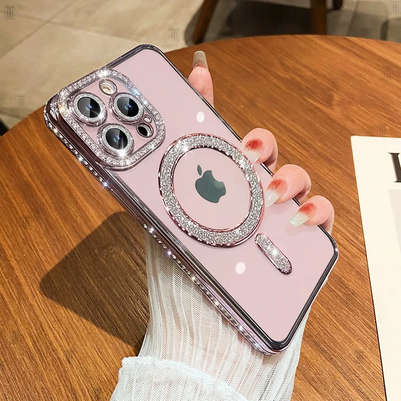 Luxury Pink Plating Shining Diamond Case For iPhone 16 15 14 13 12 11 Pro Max Plus Transparent Magsafe Magnetic Protective Cover