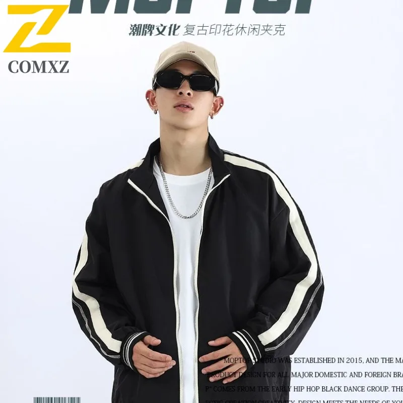 

COMXZ осенняя новая мужская весенне-осенняя модная свободная посадка в минималистском стиле, повседневная молодежная полосатая куртка с воротником-стойкой, верхняя одежда для пар