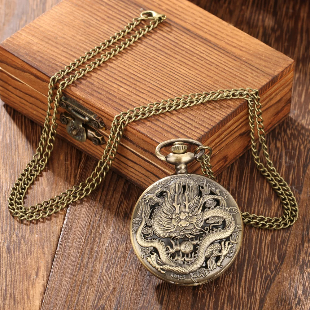 Vintage Bronze Dragon Animal Shape Clock Pocket Watch,With Necklace Pendant Chain , Quartz Movement,Gift Clock For Men and Kids