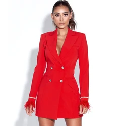 Temperament， Red Feather Crystal Sleeve Backless Blazer DressSlim V-neck double-breasted diamond button party dress