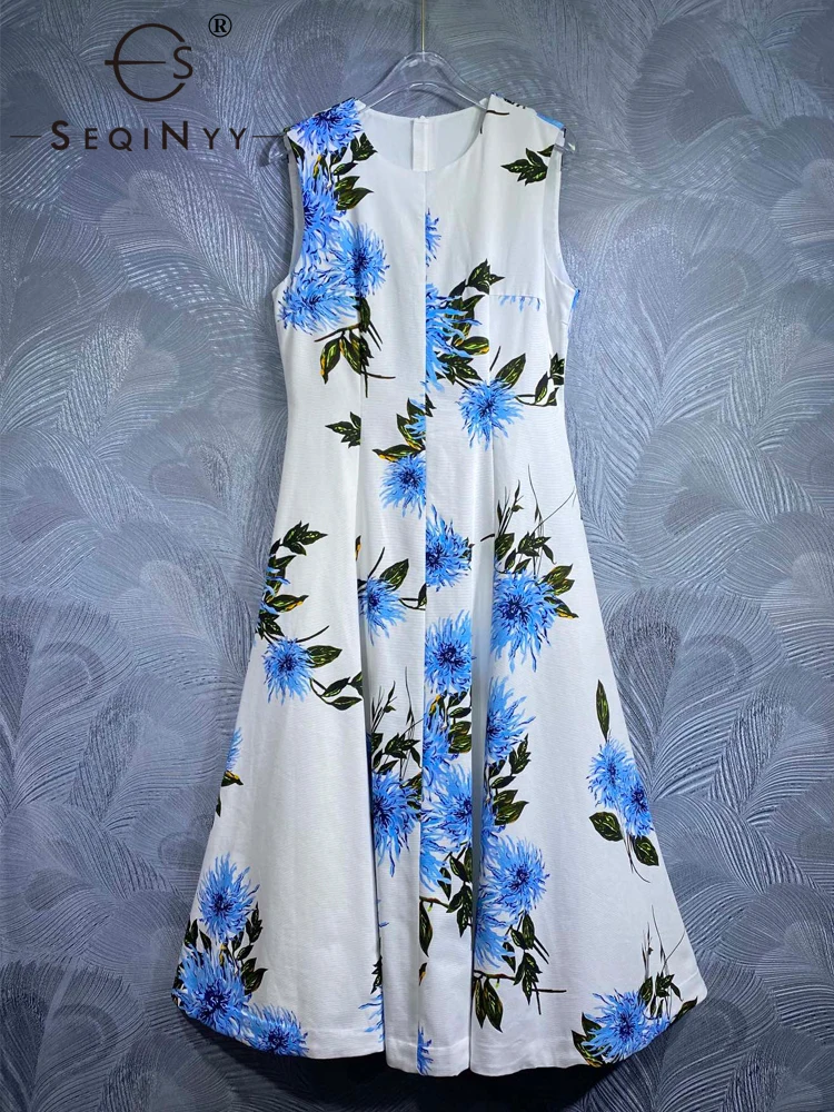 

SEQINYY White Midi Dress Slim Summer Spring New Fashion Design Women Runway Vest Vintage Blue Flower Print 100% Cotton Casual