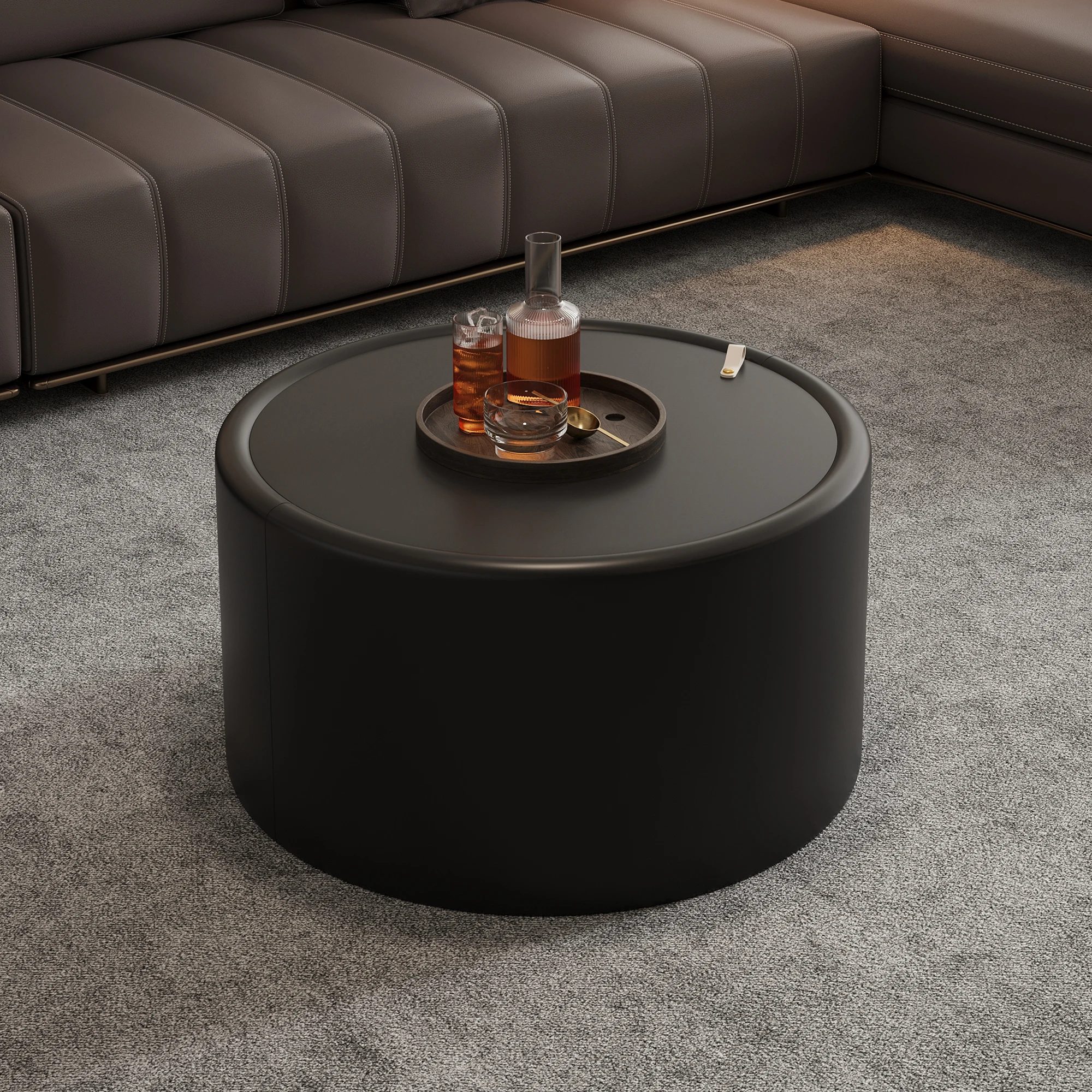 Black Round Coffee Table with Tempered Glass Top PU Leather Metal Body Hidden Storage Eco-Friendly Modern Living Room Furniture