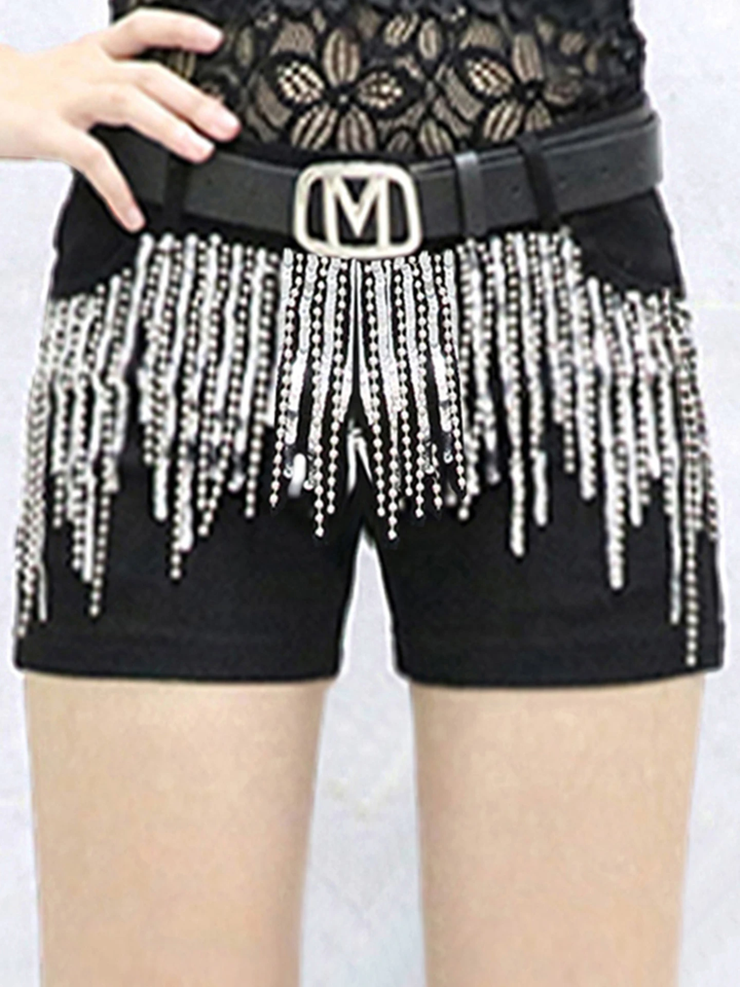 

Korean Style Sequin Tassel Women's Shorts Cotton Stretch Denim Slimming High Waist Straight Leg Jeans Outerwear Hot Pants
