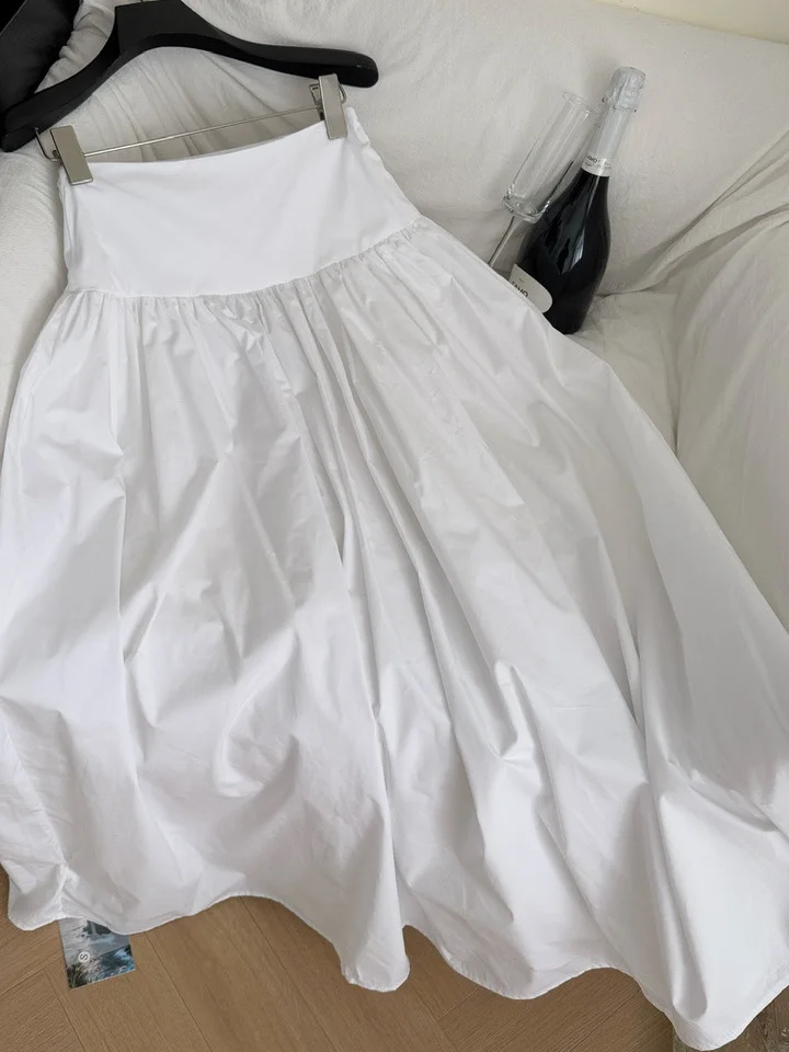 Ele High Waist Long White Pleated A-Line Skirt Women's Spring Summer Versatile Large Umbrella Skirt Commute Sle