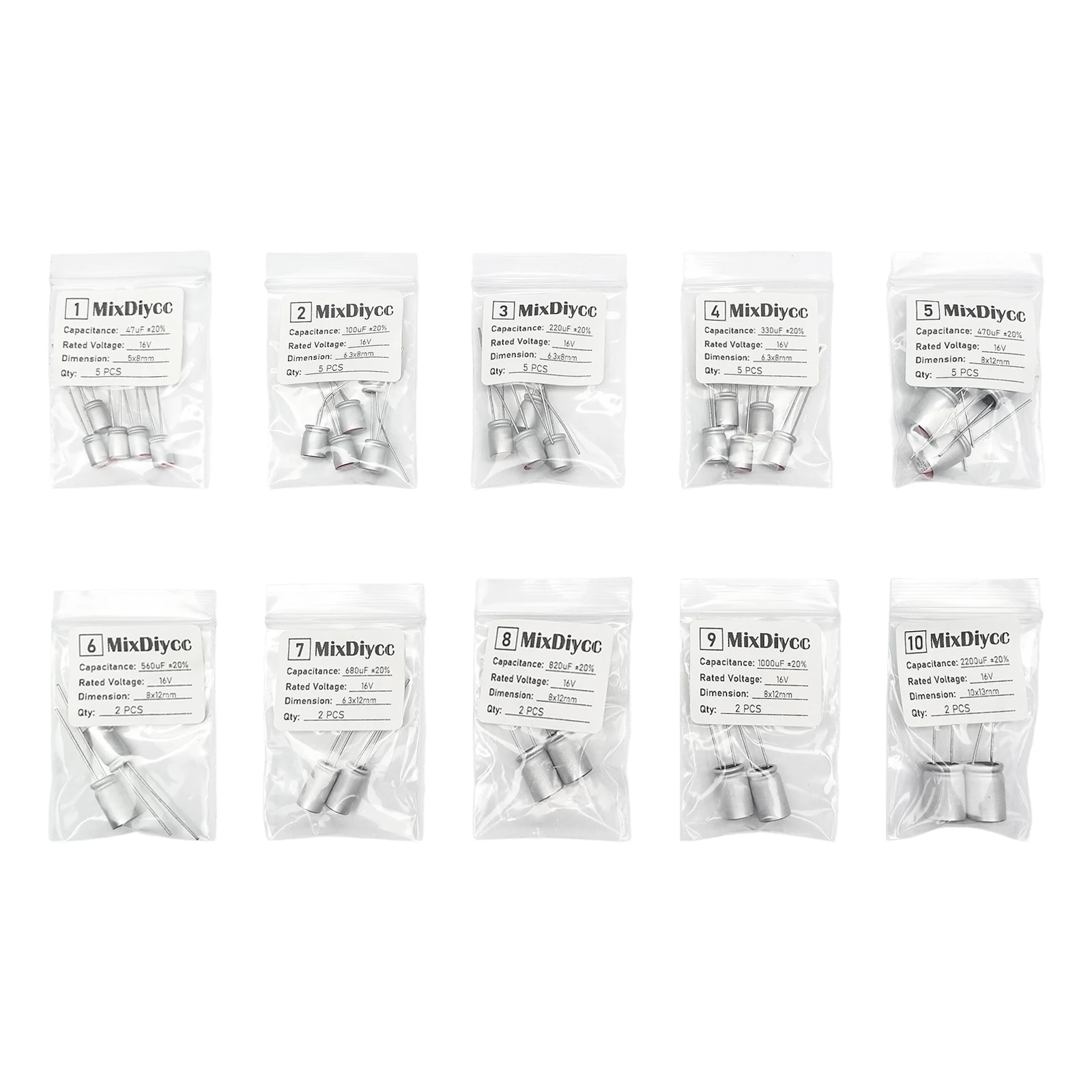 10 Values 16V Radial Solid Capacitor Kit 47uF/100uF/220uF/330uF/470uF/560uF/680uF/820uF/1000uF/2200uF Aluminum Total 35 Pcs