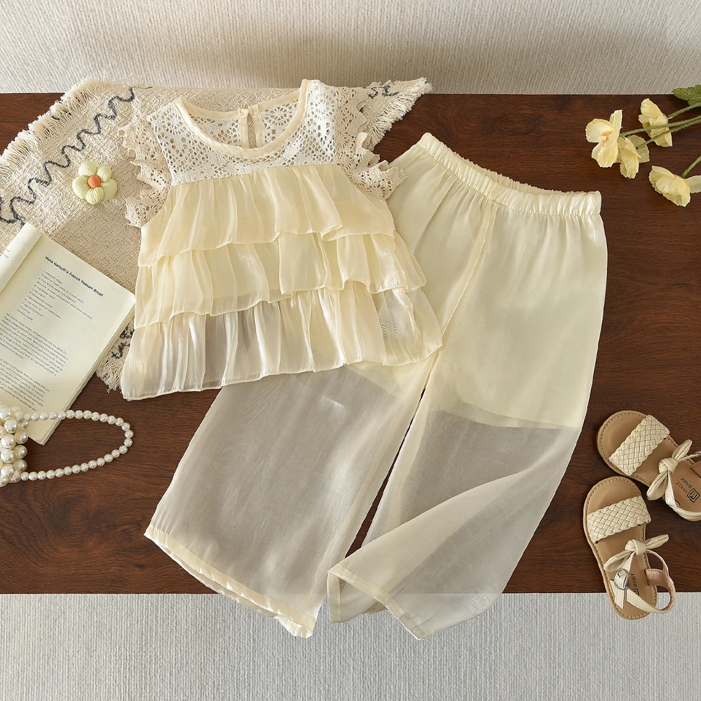 Summer New Casual Clothing for Children Aged 3-7 Hollow Pattern Flying Sleeve Multi-layer Lace Top+wide Leg Pants Two-piece Set