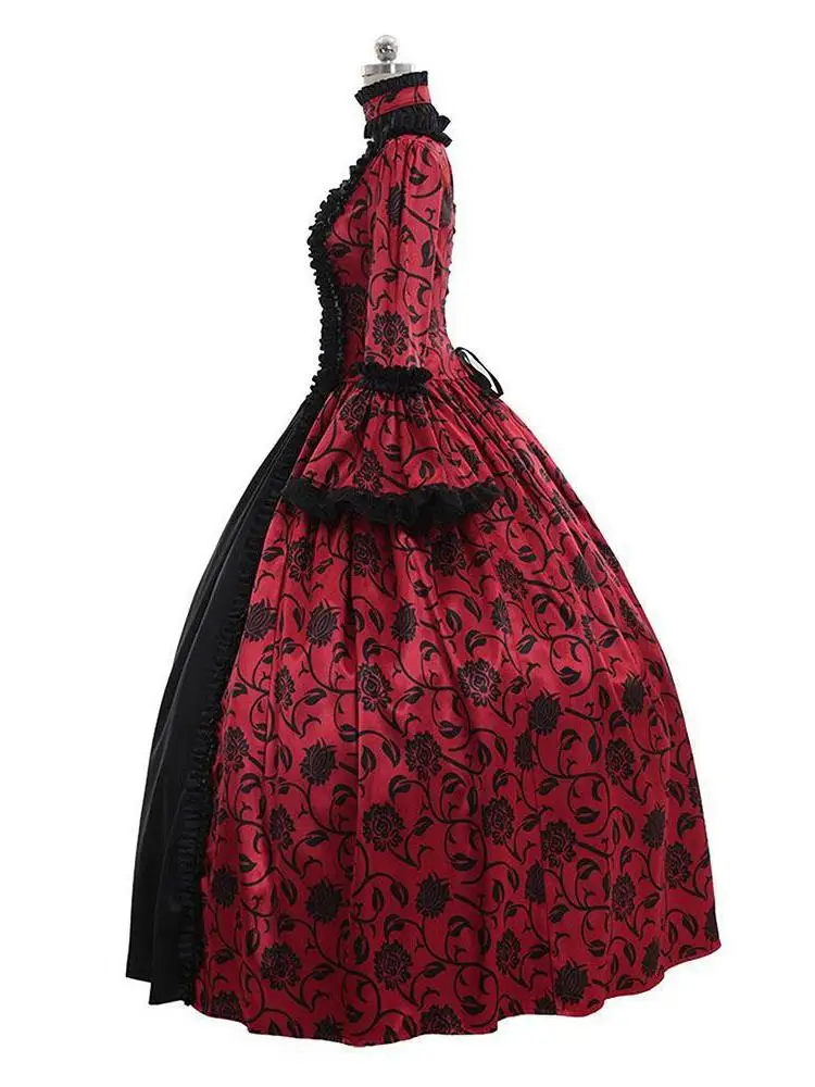 Vestido Formal Largo Estampado de Halloween con Falda, Disfraz de Actuación, Cintura Alta, Manga Campana, Poliéster, Estilo Paraguas, Moda Cortesana