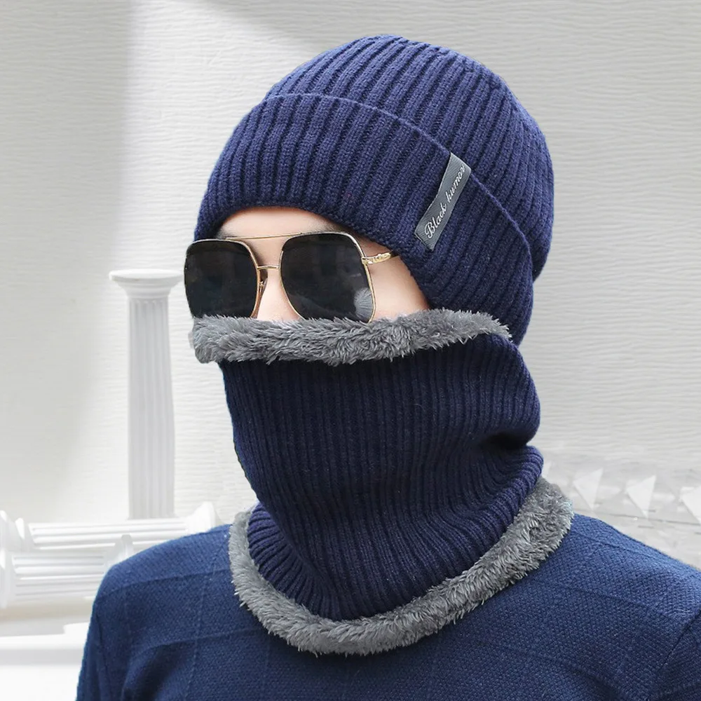 Outdoor Warm Hat and Neck Scarf Set for Men Autumn Winter Double Layer Thick Knitted Cotton Blend with Velvet Comfort