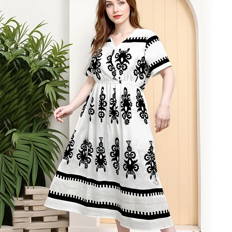 Zomer Gedrukt Strand Plus Size Jurk Vrouwen Sexy V-hals Korte Mouwen Bloemen Elegante Lange Jurken Dames Hoge Taille Vintage Gewaad