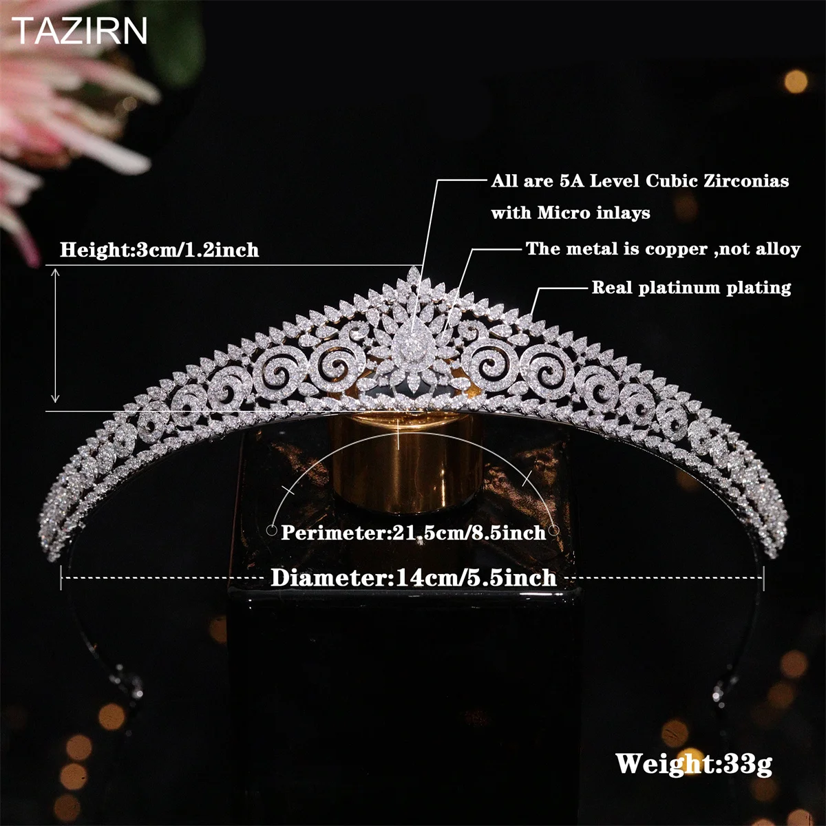 TAZIRN New CZ Princess Tiaras and Crowns 5A Cubic Zirconia Small Headwear Bridal Wedding Prom Party Hair Accessories Jewelry