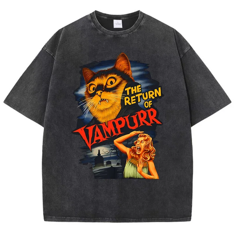 

Fun vampire cat washed retro men's clothing T-shirt, fashionable street trend T-shirt, casual sports loose and breathable top