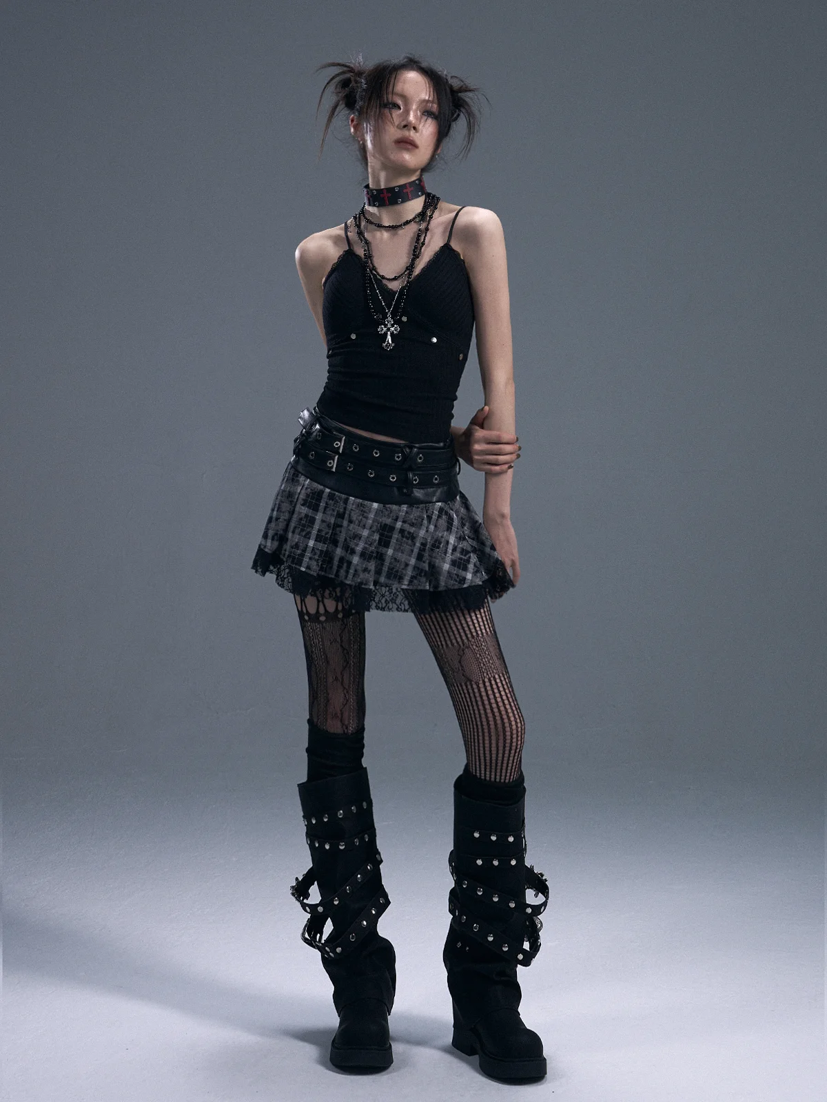 

Retro Plaid Splicing Lace Hem A-Line Skirt with Double Belt Ci Commute Casual Date Touring ort Skirt Garden Punk Ro