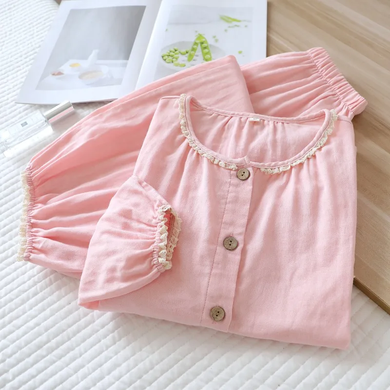 Women's Solid Color Home Clothes Long-sleeved Trousers Loose Pajamas Pure Cotton Double-layer Gauze Thin Round Neck Lace Suit