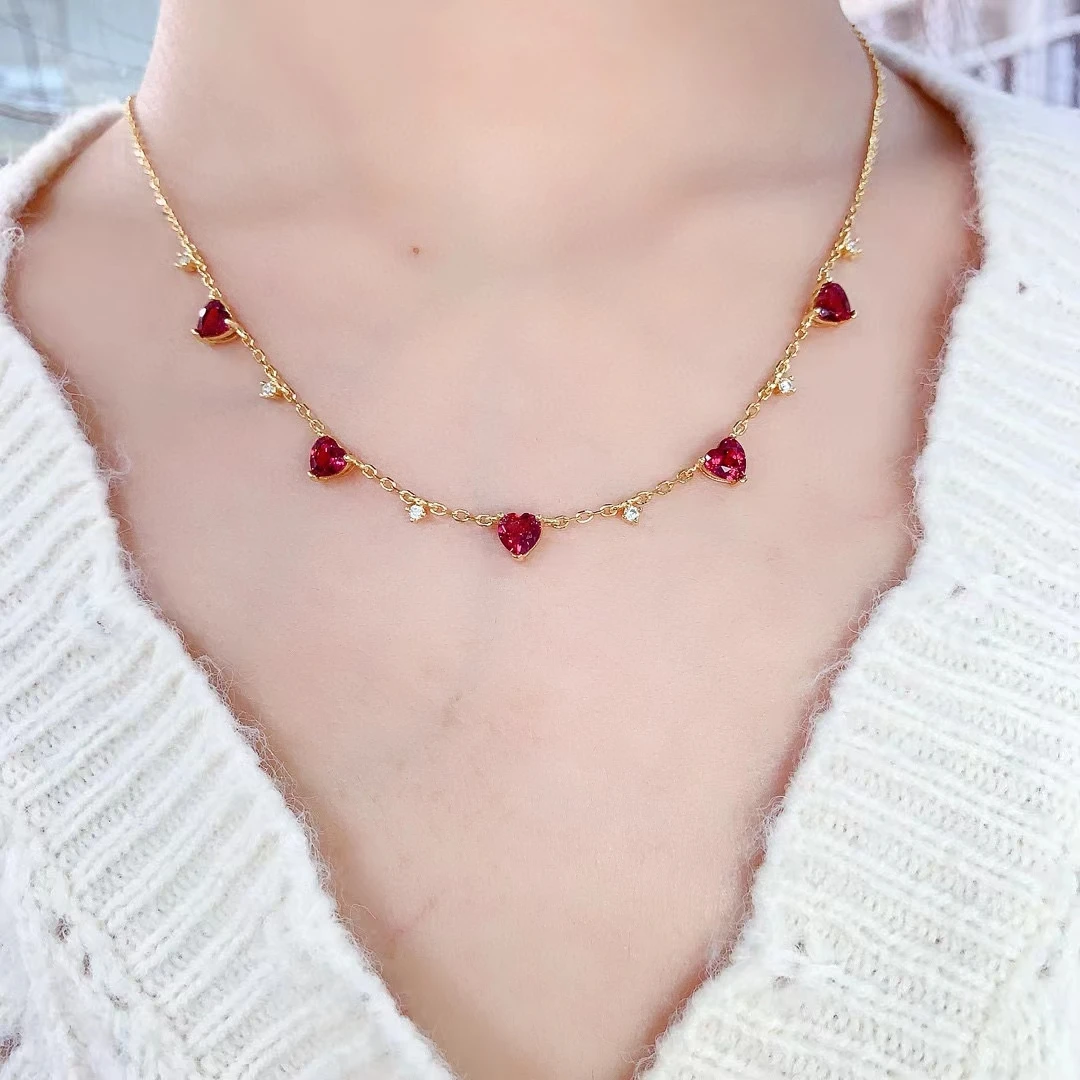 Thin 925 Silver Gemstone Necklace For Vacation 5mm Natural Pyrope Garnet Necklace 18K Gold Plated Garnet Jewelry Keep Shining