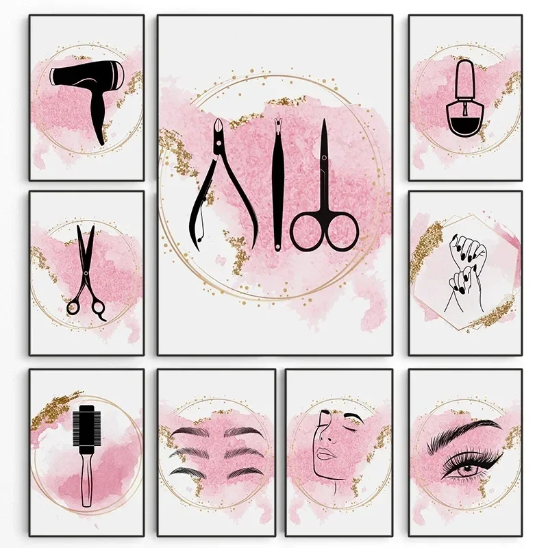 Pink Beauty Salon Tools Hair Stylist Nail Minimalist Poster Cosmetology Canvas Paintings Wall Art Picture Barbershop Home Decor