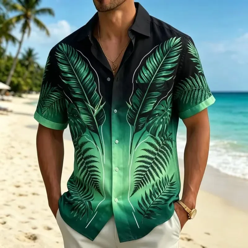 2026 Men's Hibiscus Palm Leaf Print Short Sleeve Lapel Shirt Summer Beach Loose Vacation Casual Mens Tops