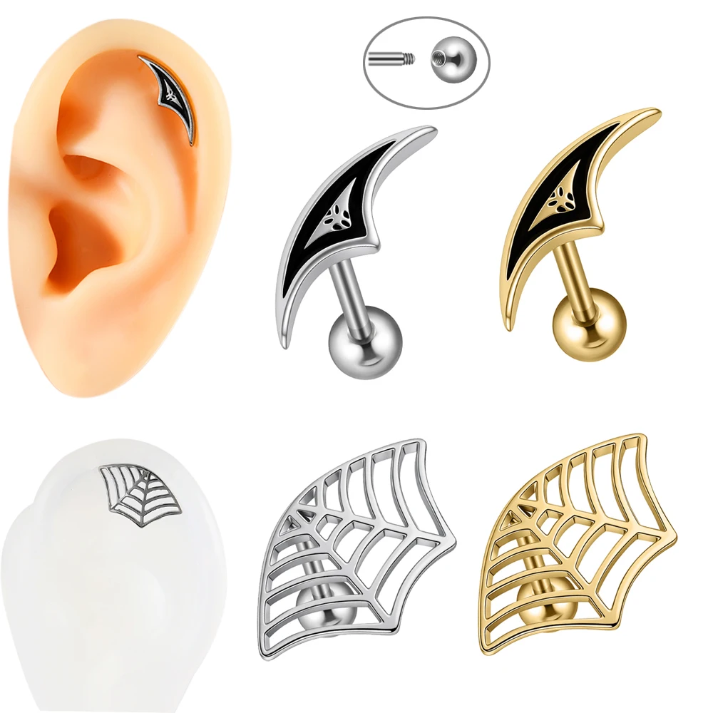 1/4PCS Gothic Cobweb&Black Oil-Drip Devil Crescent Moon Earring 16g 316 Surgical Steel Daith Helix Conch Piercing Lobe Ear Stud