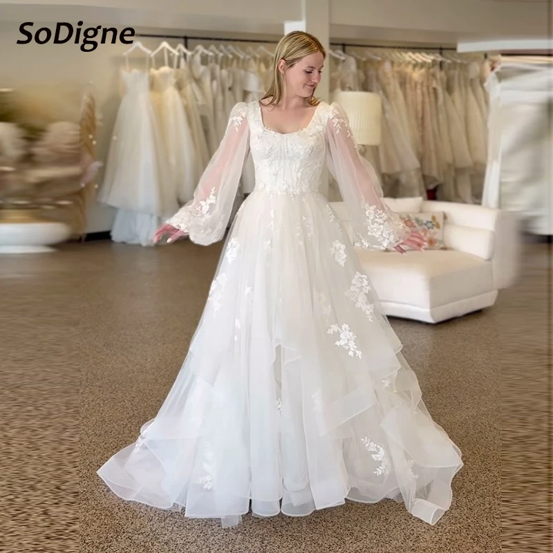 

SoDigne A-line Tulle Appliques Wedding Dresses Full Sleeves Ruffles Bridal Dress Beach Wedding Gown Robe De Mairee Customized