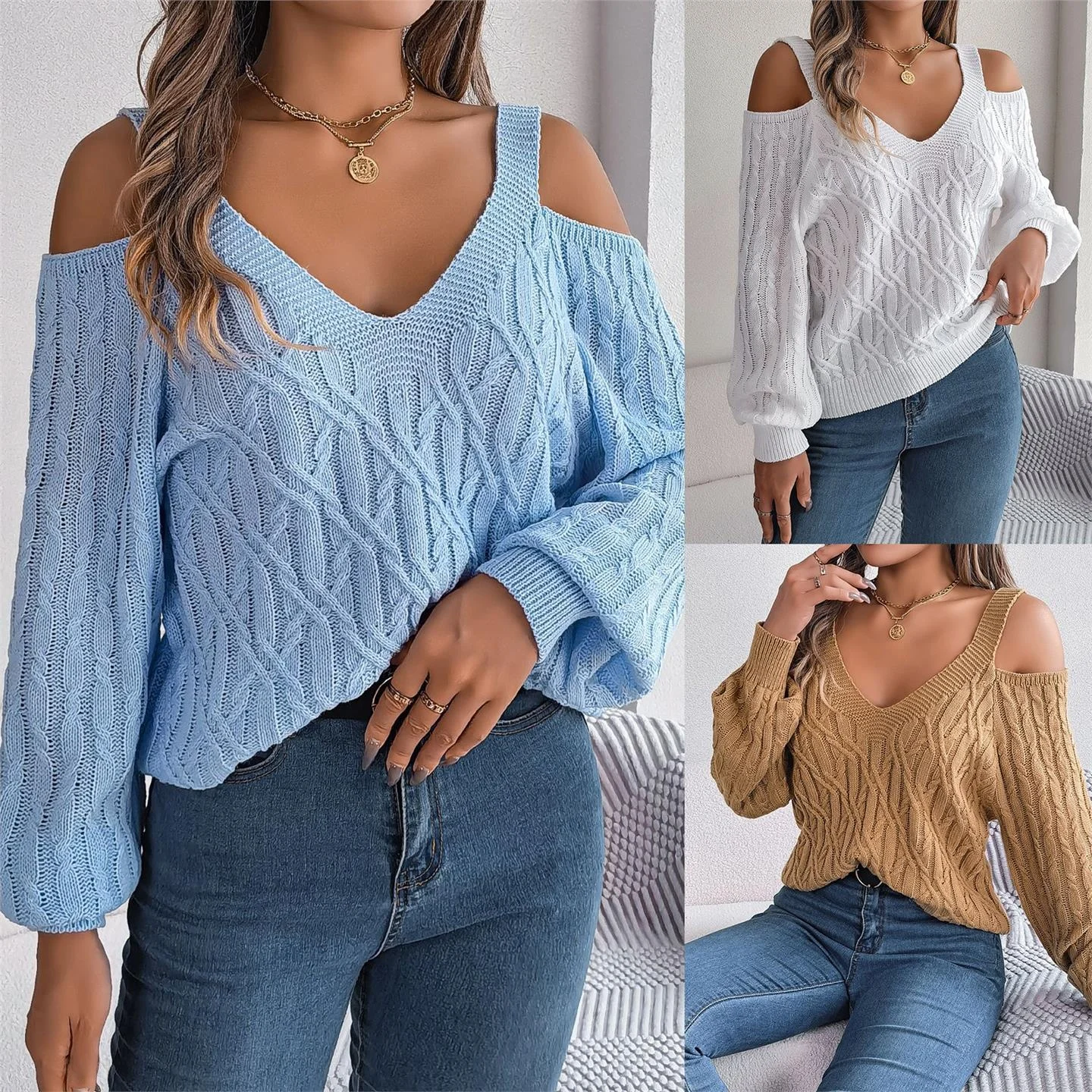 

Casual Color Flower oulder Lantern Sve Sweater Women's Faion Autumn Winter Long Sve Top by Other Brand