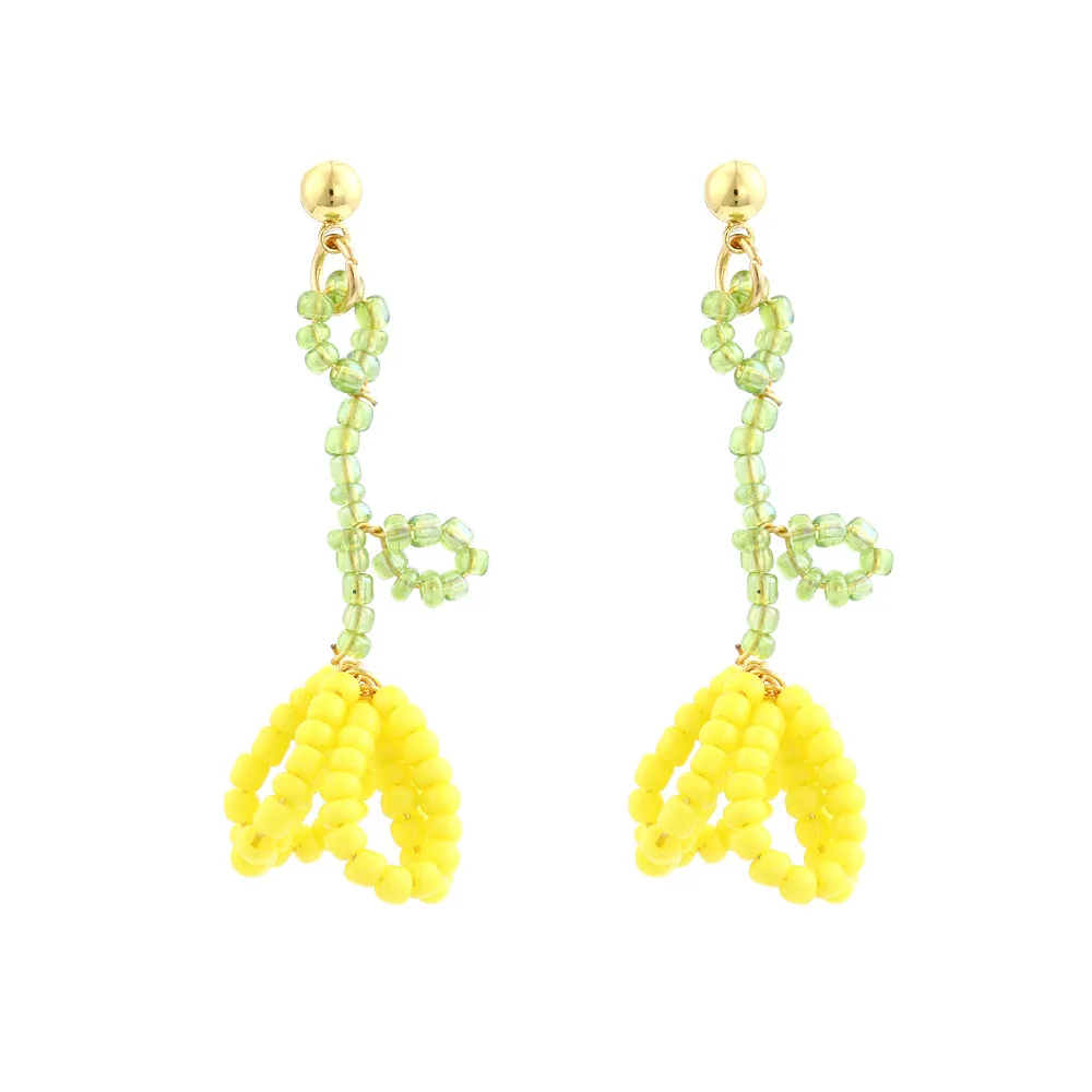 Korean version of spring and summer hand-woven rice bead flower earrings, fresh and cute design sense beaded flower earrings, ea
