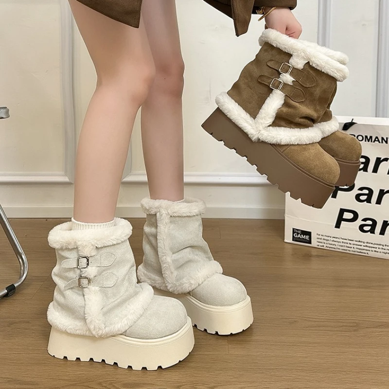 

Зимние женские зимние ботинки на платформе с меховой подкладкой, лаконичная обувь без шнуровки, увеличивающая рост, женские удобные теплые хлопковые короткие ботильоны
