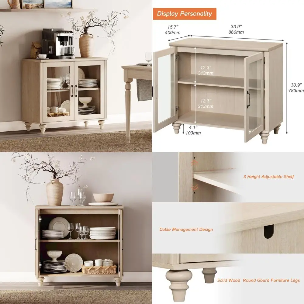 Glass Door Buffet Cabinet with Coffee Bar Table, Wood Kitchen Storage Cabinet featuring Adjustable Shelves